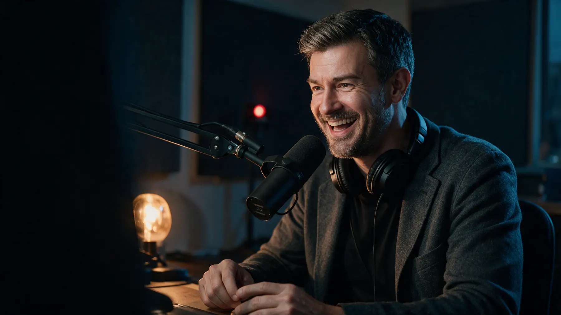 Christian Rodwell laughing at a broadcast microphone in a podcast studio